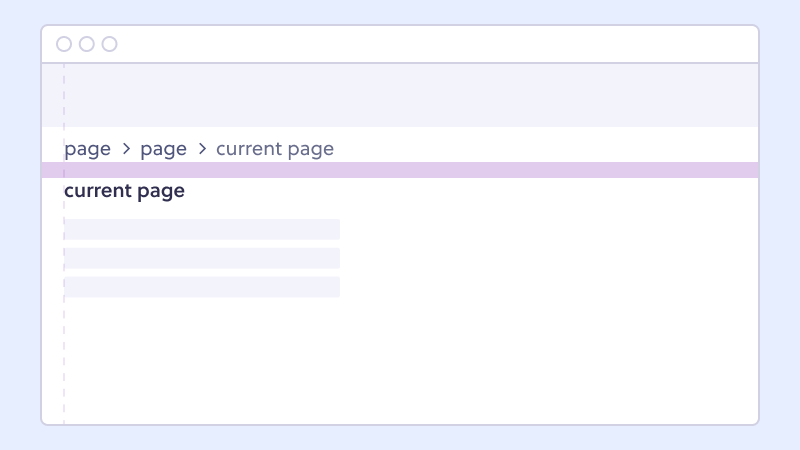 Ilustração de página web. O breadcrumb é posicionado abaixo do header e acima do título da página, com alinhamento a esquerda.