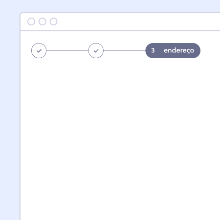 Página usando o componente steps com 3 passos. O passo 3, atual, tem escrito endereço.