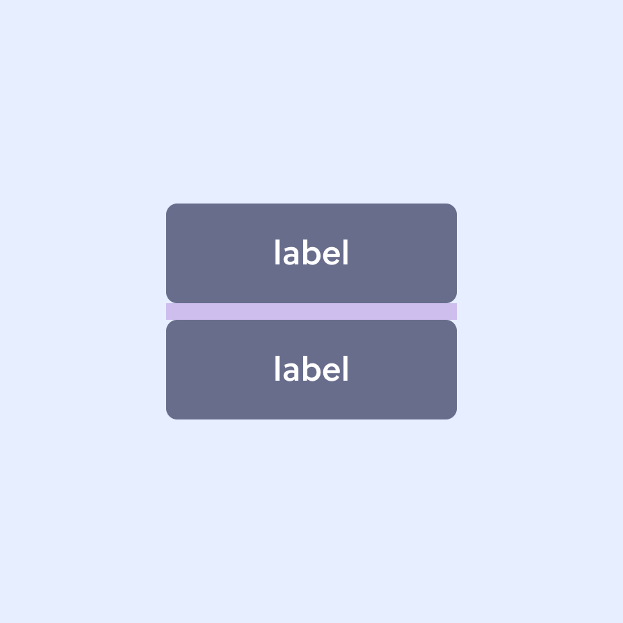 Dois botões empilhados com um retângulo  entre eles mostrando o espaçamento horizontal entre eles.