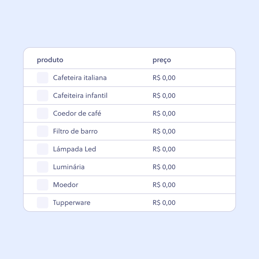 Tabela de produtos com preço. Objetos diversos com valor fictício de 0 reais.