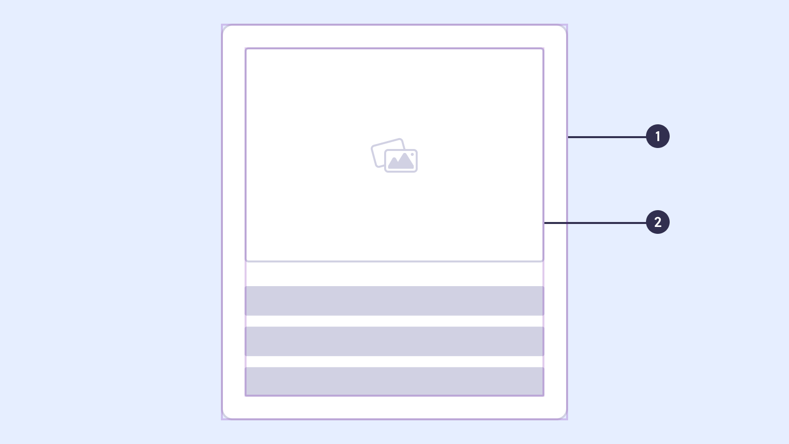 Ilustração em baixa fidelidade de um card. Na área externa, marcação de número 1. Na área interna do card, marcação de número 2.