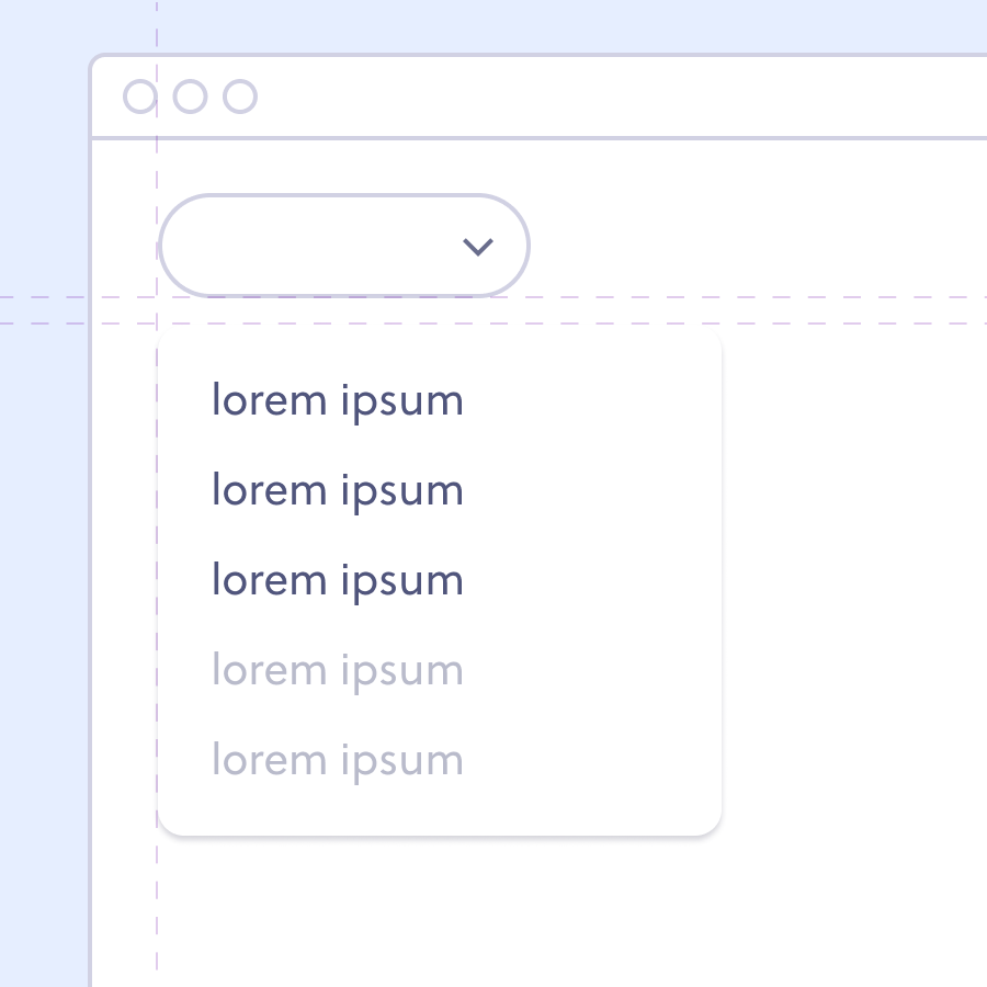 Ilustração de botão e dropdown aberto. Os dois estão alinhados pela esquerda e próximos ao lado esquerdo da página.