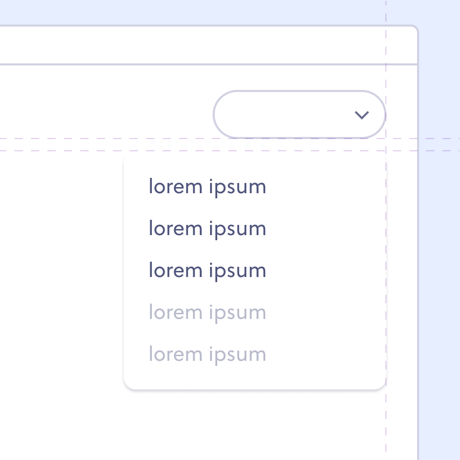 Ilustração de botão e dropdown aberto. Os dois estão alinhados pela direita e próximos ao lado direito da página.