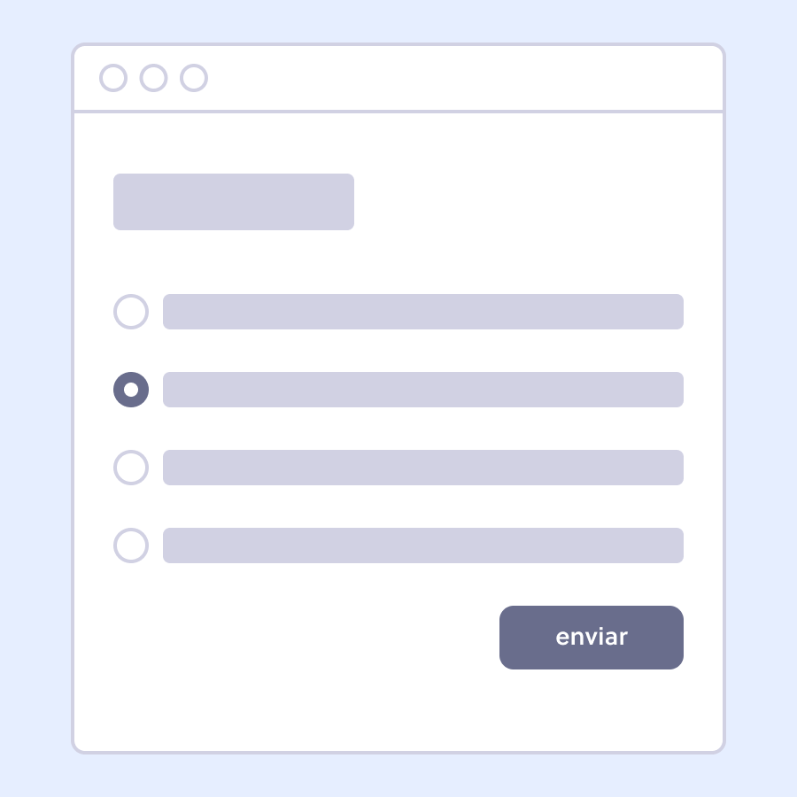 Ilustração de página web com lista de 4 radio buttons. O segundo está selecionado. Botão de enviar no final da lista.