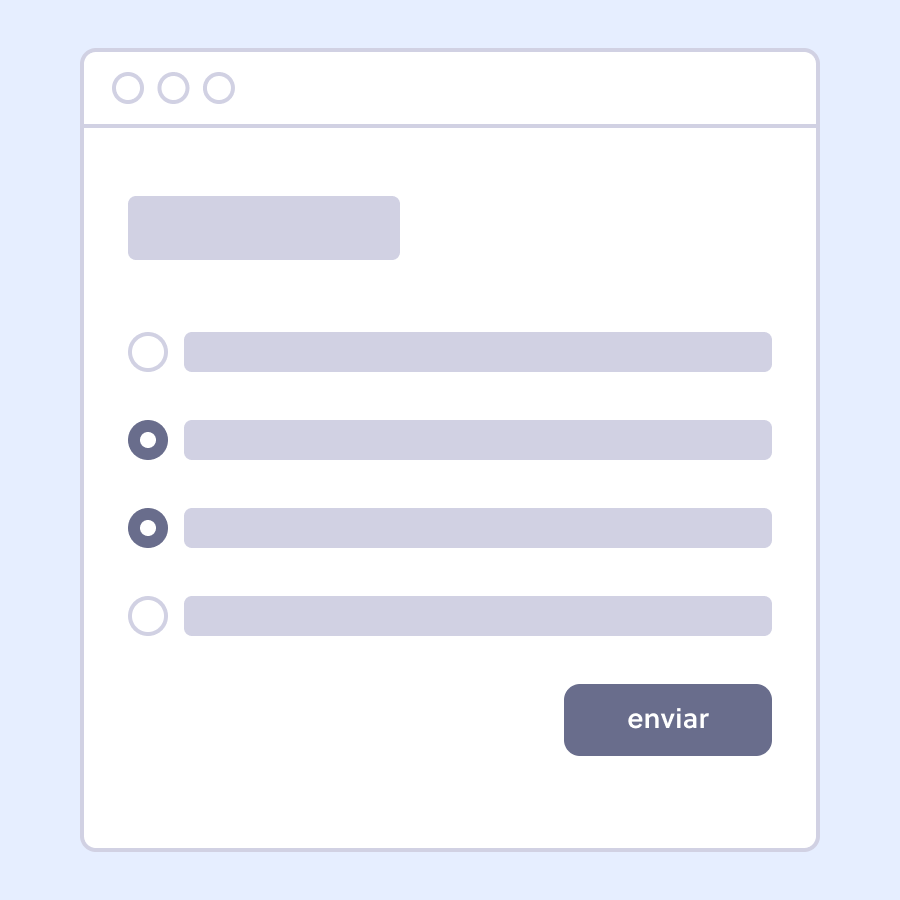 Ilustração de página web com lista de 4 radio buttons. O segundo e o terceiro estão selecionados. Botão de enviar no final da lista.