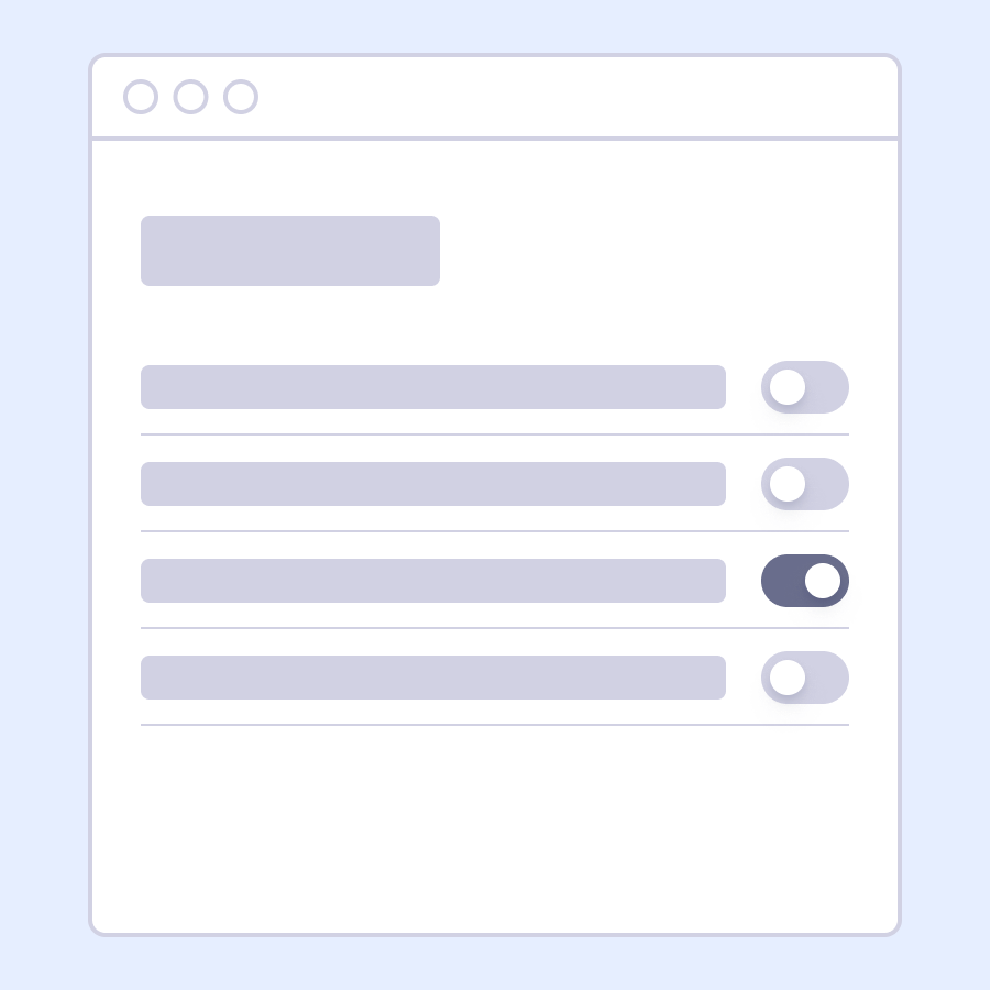 Ilustração de página web com lista de 4 toggle buttons. O terceiro esta ativo. Botão de enviar no final da lista.