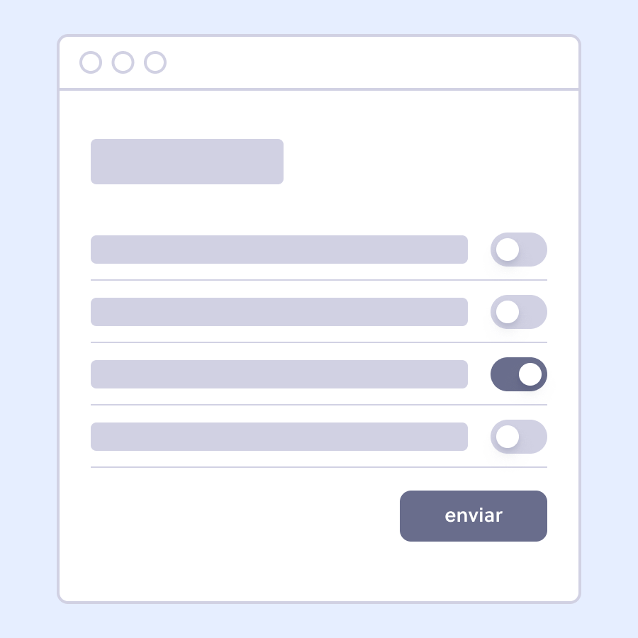 Ilustração de página web com lista de 4 toggle buttons. O terceiro esta ativo. 