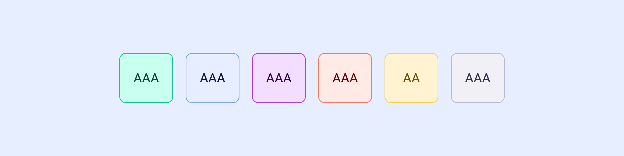Seis quadrados coloridos, um com cada theme color, e uma legenda interna
indicando o contraste de acordo com WCAG, AA e
AAA.