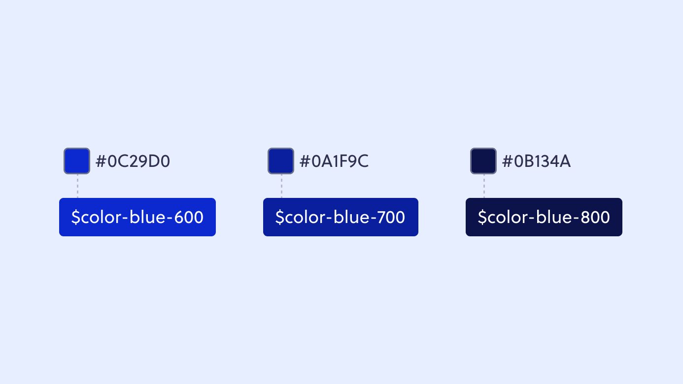 Três base tokens de cores diferentes: cor azul 600, cor azul 700, cor azul
800.